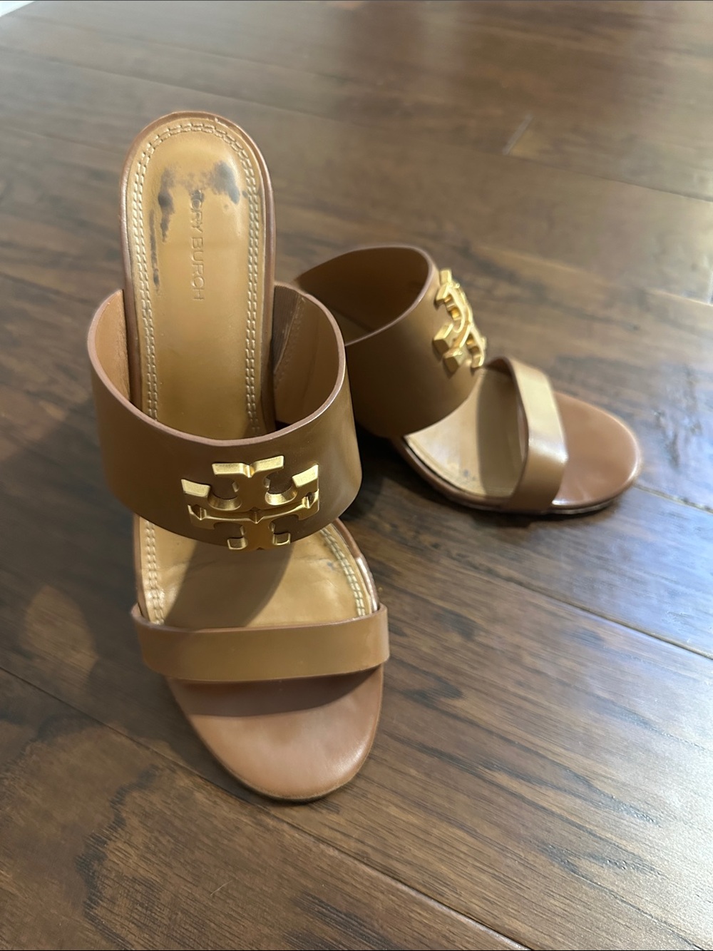 Tory Burch Brown Leather Wedge Slide Mules with Gold Logo
